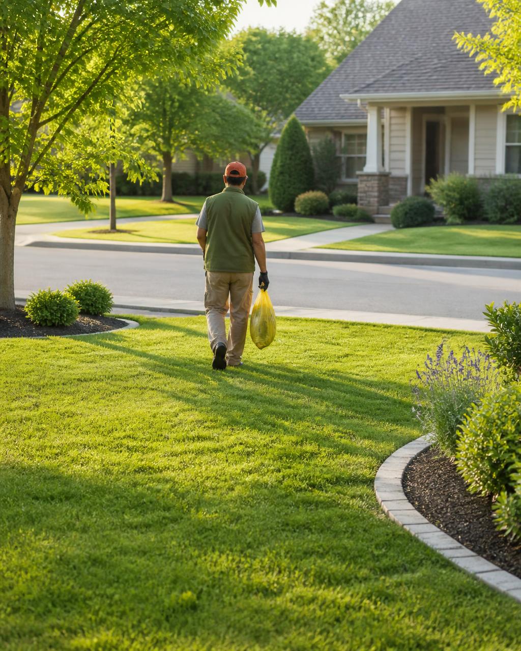 A Yard Hounds crew member walking a freshly cleaned suburban lawn with a service bag